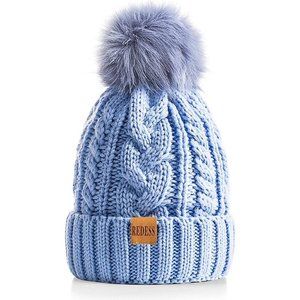 Womens Winter Warm Fleece Lined Knitted Soft Ski Cuff Beanie Hat with Pom Pom